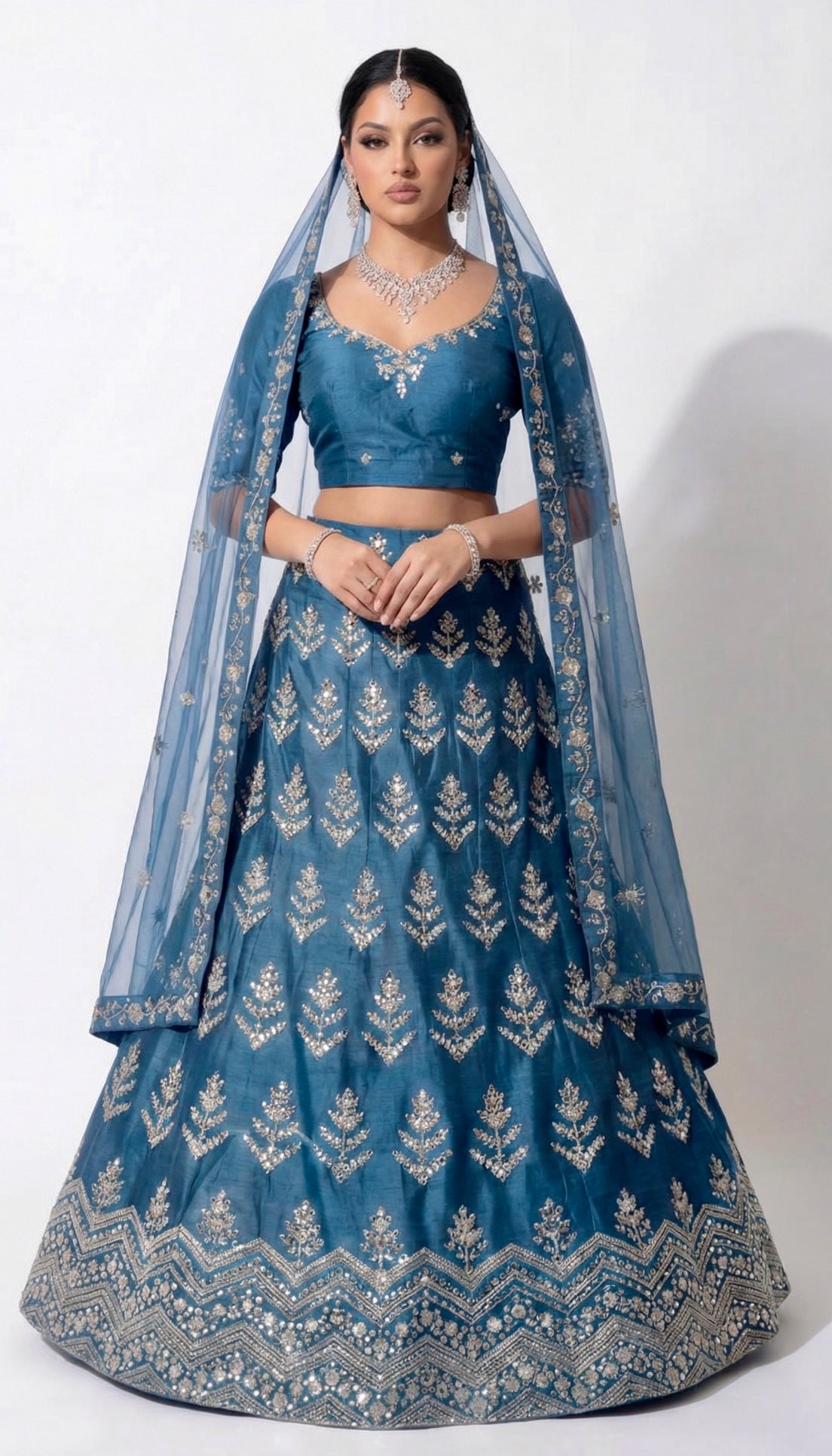 Midnight Blue Embroidered Mirrorwork Lehenga Set with Net Dupatta. Semi-stitched.