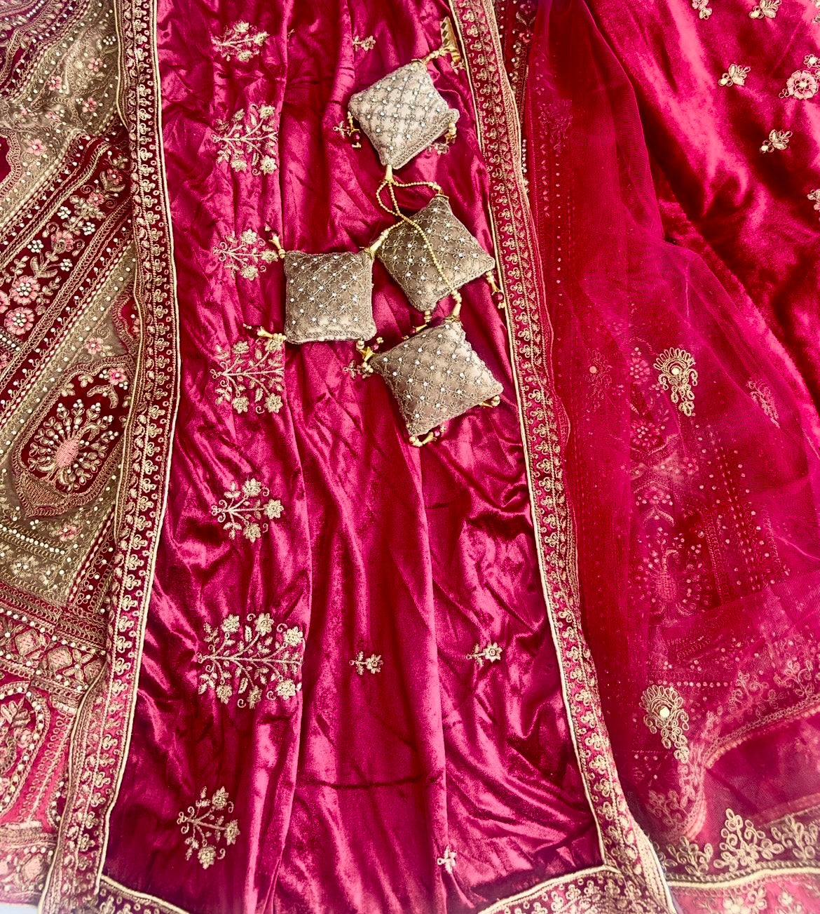 Royal Legacy – Heavily Embroidered Bridal Lehenga Set with Velvet & Net Dupattas