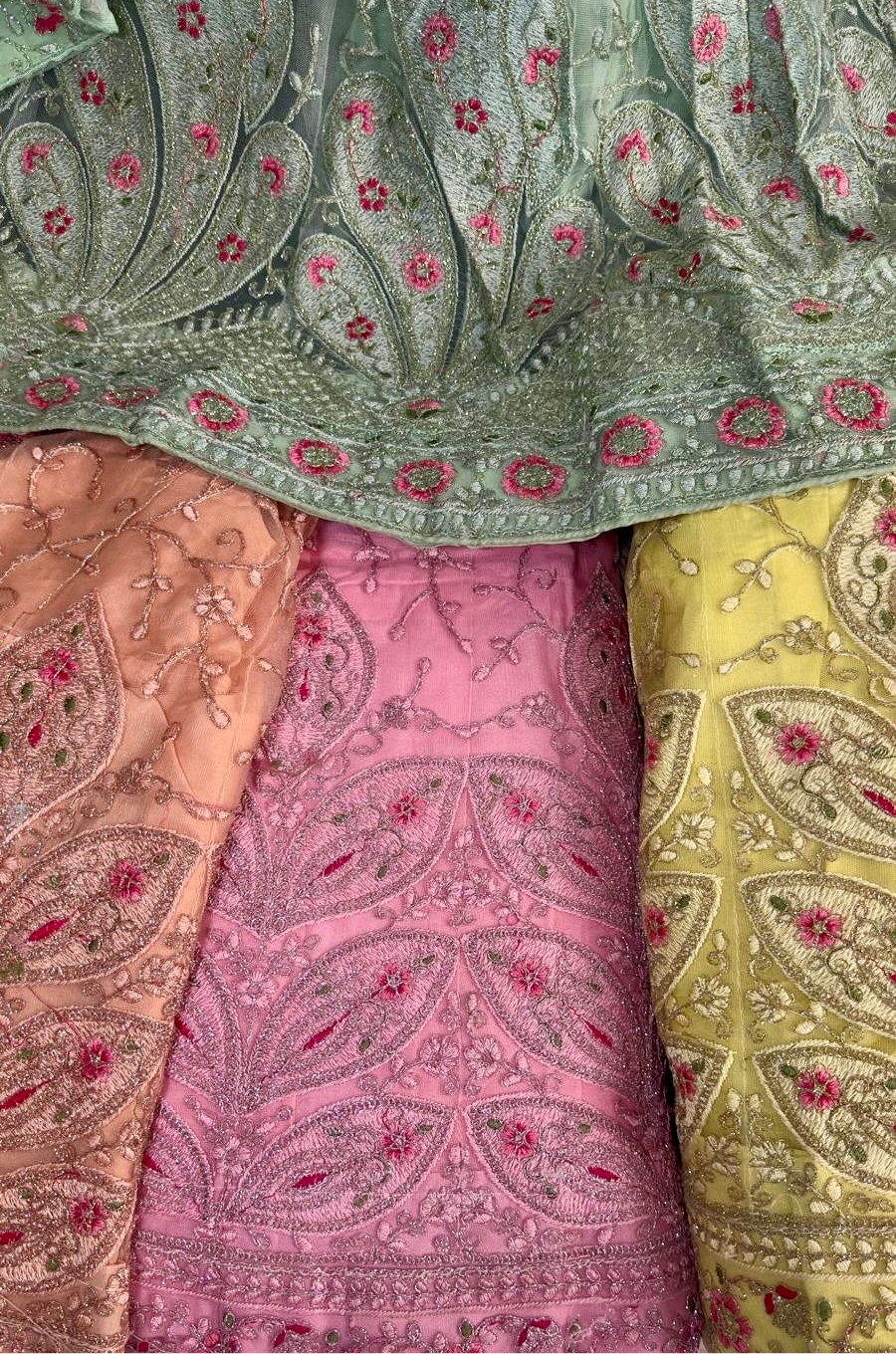 Spring Green Net Embroidered Lehenga Set with Floral Thread-work. Semi- stitched.