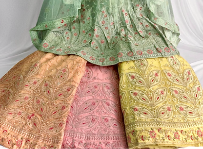 Spring Green Net Embroidered Lehenga Set with Floral Thread-work. Semi- stitched.