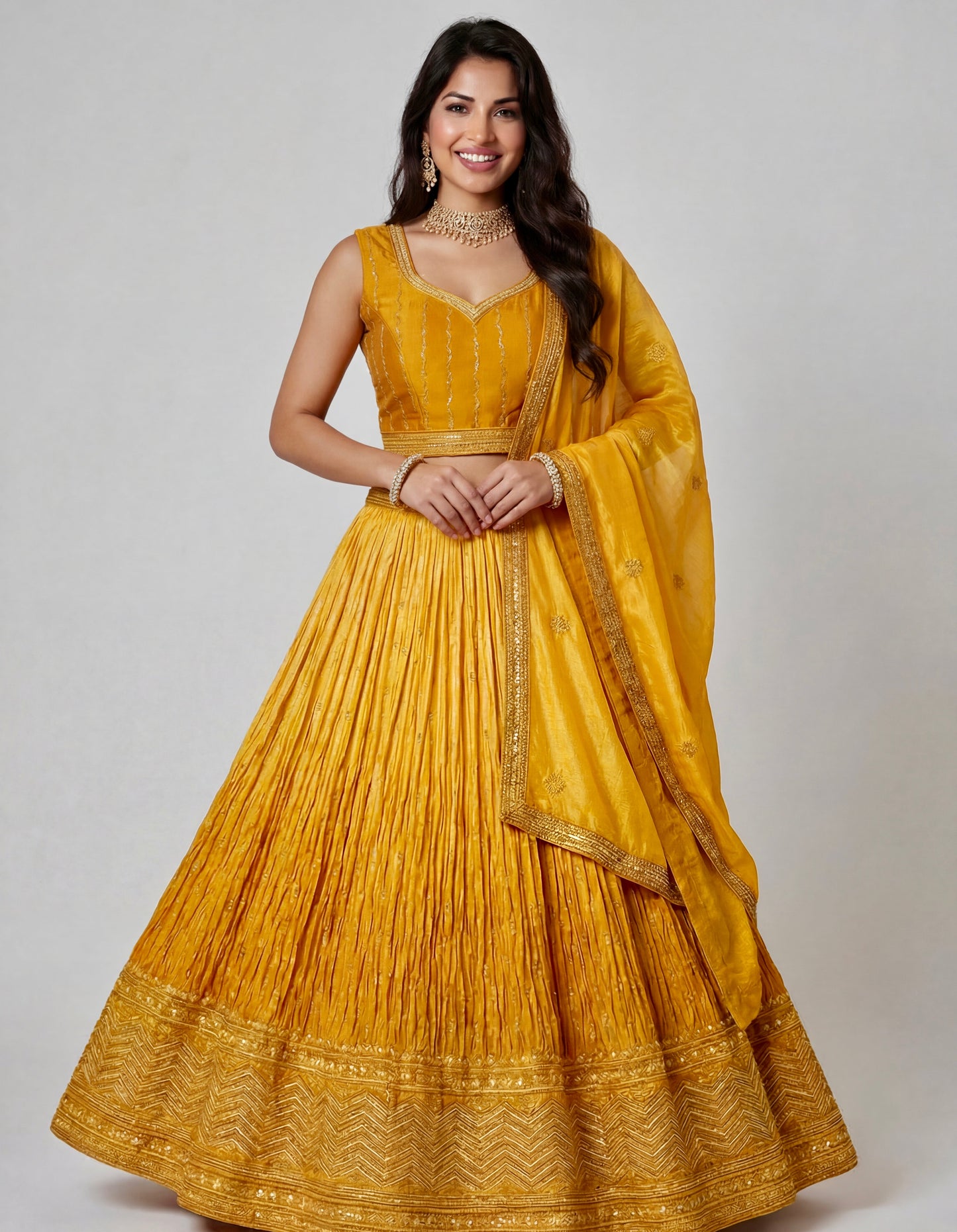 Golden Marigold Ombre Lehenga Set with Sequin & Lightweight - Semi-stitched
