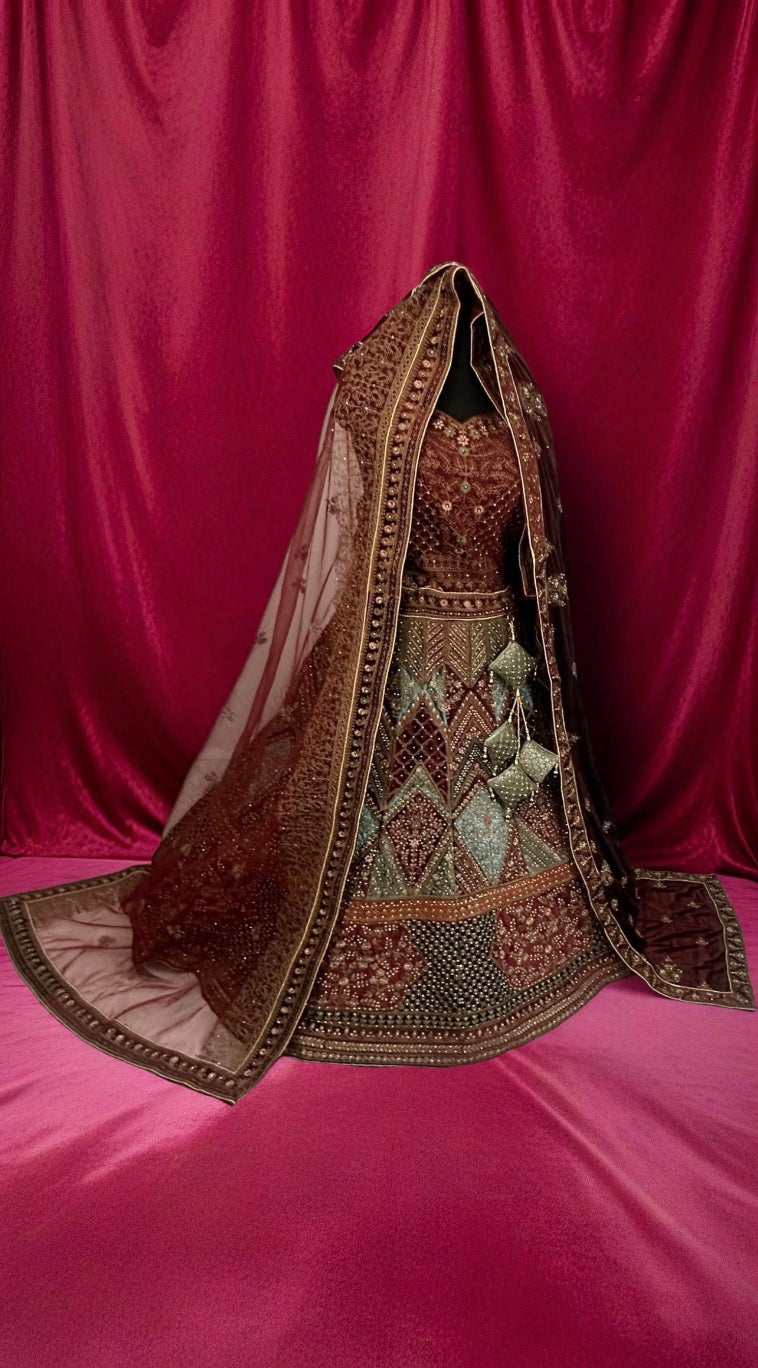 Royal Legacy: Intricately Hand-Embroidered Semi - Stitched Lehenga Set with Velvet Detailing. - Citarr
