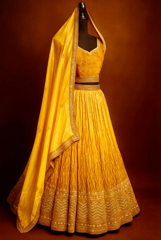 Golden Marigold Ombre Lehenga Set with Sequin & Lightweight - Semi-stitched