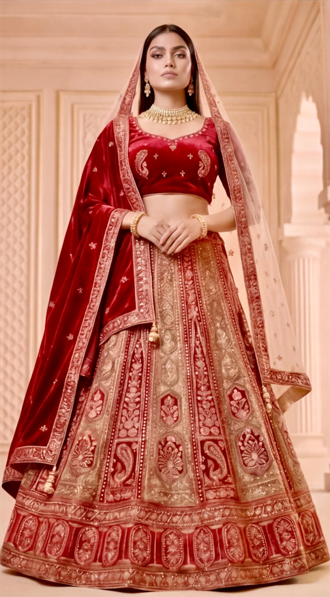 Royal Legacy – Heavily Embroidered Bridal Lehenga Set with Velvet & Net Dupattas