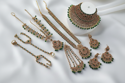 Timeless Grace: Dark Green Gold Plated Crystal Stone And Beads Bridal Set