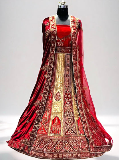 Bridal Red Belvet Lehenga Choli Set with Heavy Zari Embroidery - Indian Wedding Designer Outfit