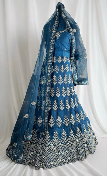 Midnight Blue Embroidered Mirrorwork Lehenga Set with Net Dupatta. Semi-stitched. - Citarr
