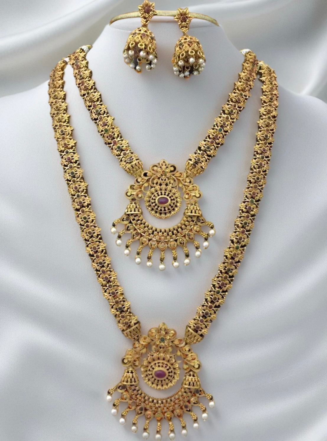 Gold Plated Pink & Green Pota Stone Necklace Set - Citarr
