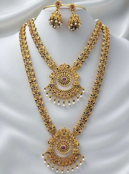 Gold Plated Pink & Green Pota Stone Necklace Set - Citarr
