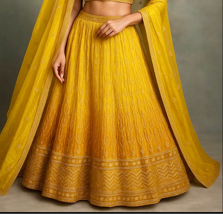 Golden Marigold Ombre Lehenga Set with Sequin & Lightweight - Semi-stitched