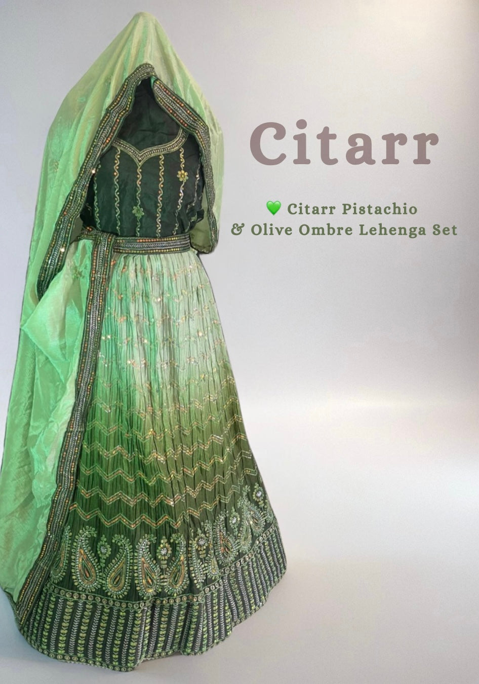 Pistachio & Olive Ombré Lehenga Set. Semi - Stitched. - Citarr