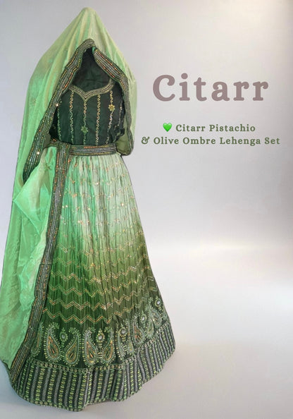 Pistachio & Olive Ombré Lehenga Set. Semi - Stitched. - Citarr