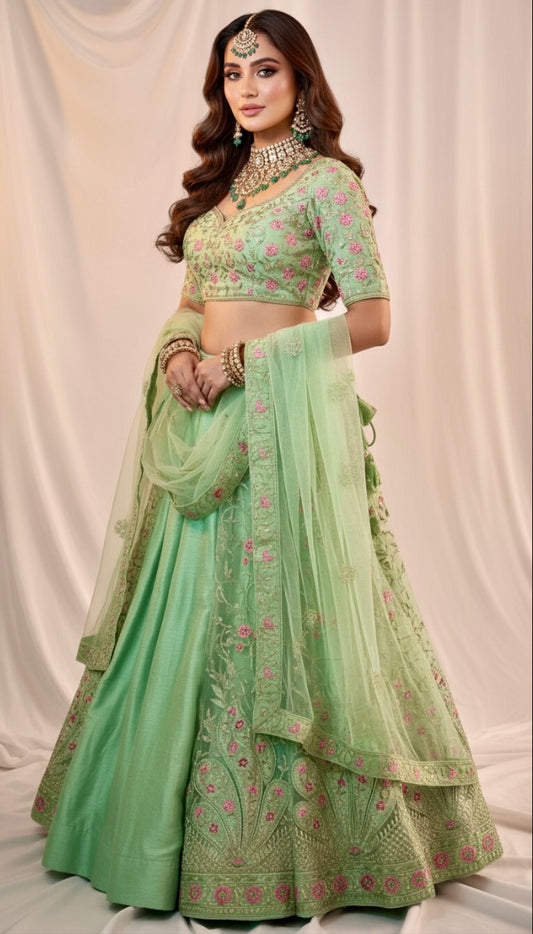Spring Green Net Embroidered Lehenga Set with Floral Thread-work. Semi- stitched.