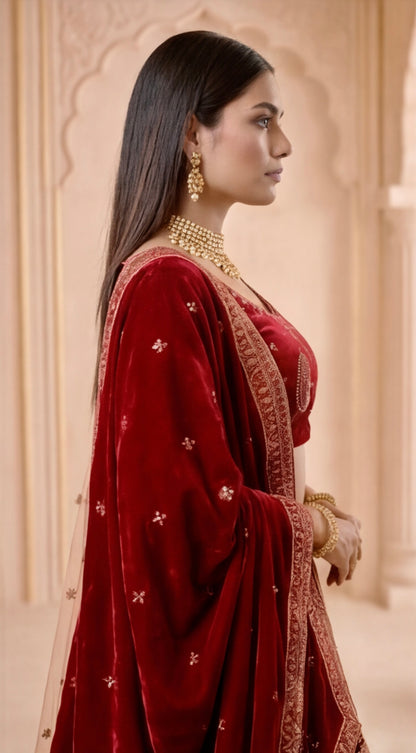 Royal Legacy – Heavily Embroidered Bridal Lehenga Set with Velvet & Net Dupattas