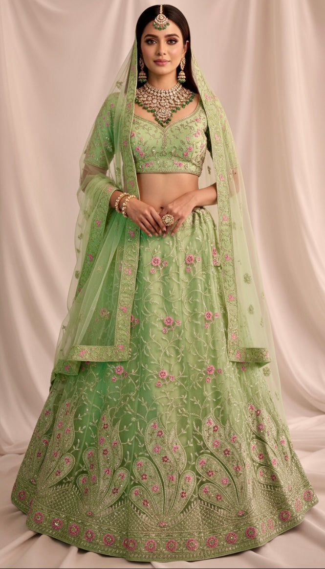 Spring Green Net Embroidered Lehenga Set with Floral Thread-work. Semi- stitched.