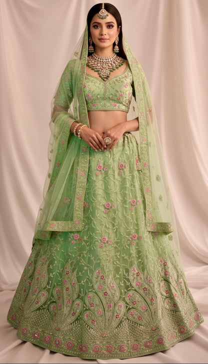 Spring Green Net Embroidered Lehenga Set with Floral Thread-work. Semi- stitched.