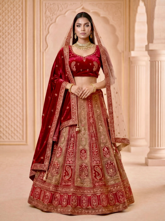 Royal Legacy – Heavily Embroidered Bridal Lehenga Set with Velvet & Net Dupattas