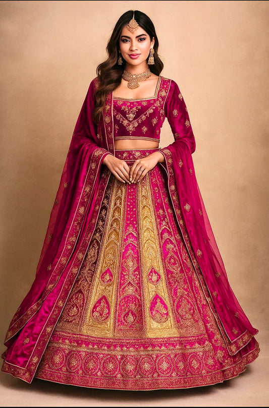 Pink Velvet Semi - Stitched Bridal Lehenga - Hand-Embroidered Gold Zari Wedding Outfit with Dual Dupattas