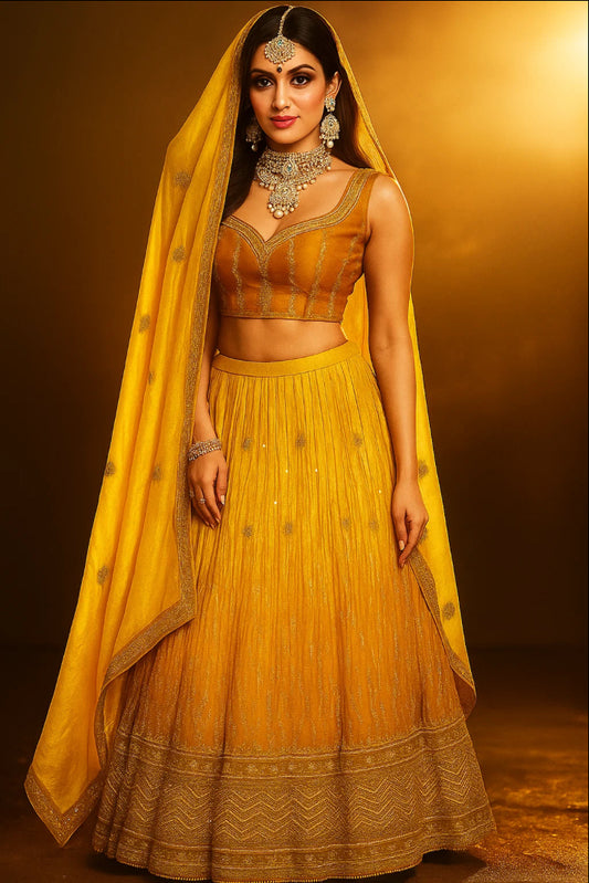 Golden Marigold Ombre Lehenga Set with Sequin & Lightweight - Semi-stitched