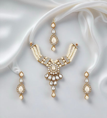Ethnic Gold Plated White Kundan Necklace Earring & Maangtikka - Citarr