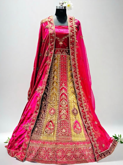 Pink Velvet Semi - Stitched Bridal Lehenga - Hand-Embroidered Gold Zari Wedding Outfit with Dual Dupattas