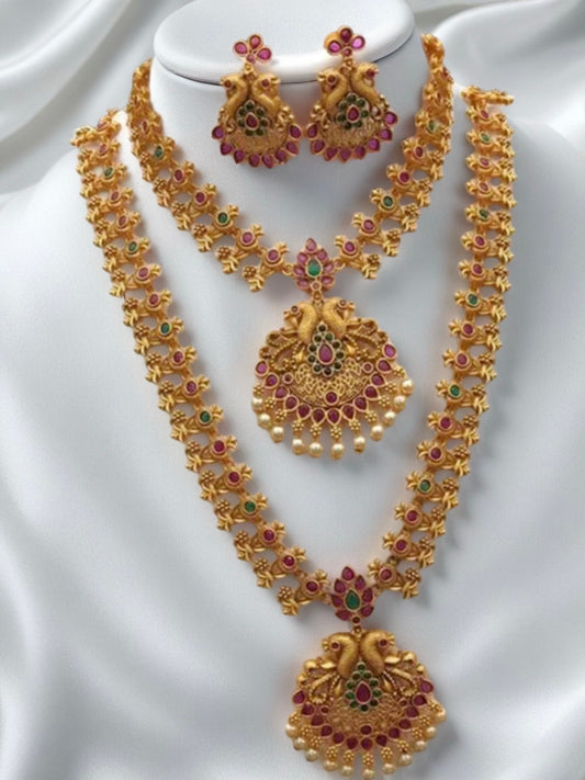 Gold Plated Pink & Green Pota Stone Peacock Necklace Set - Citarr