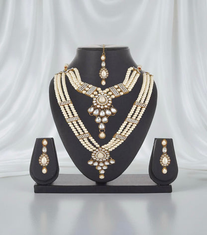 Ethnic Gold Plated White Kundan Necklace Earring & Maangtikka - Citarr