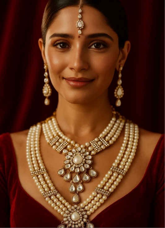 Ethnic Gold Plated White Kundan Necklace Earring & Maangtikka - Citarr