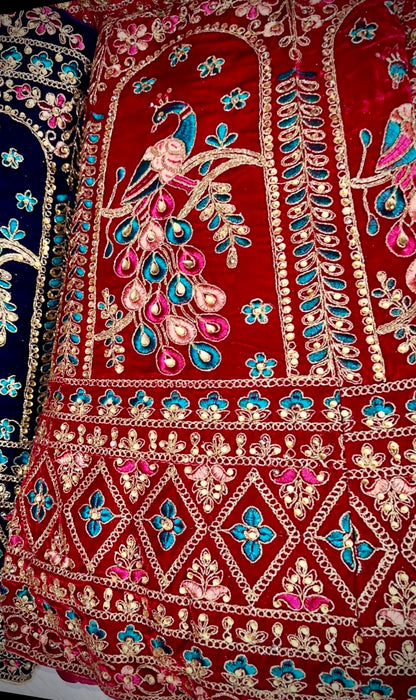 Royal Fuchsia & Red Bridal Lehenga Set with Hand Embroidery and Peacock Motifs Semi - Stitched.