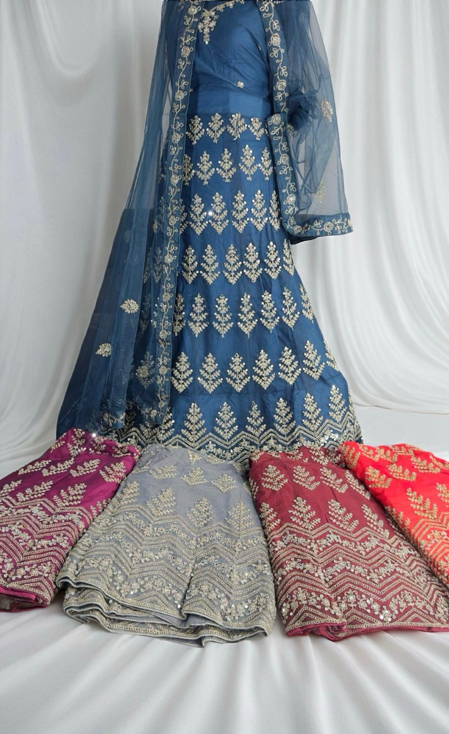 Midnight Blue Embroidered Mirrorwork Lehenga Set with Net Dupatta. Semi-stitched. - Citarr