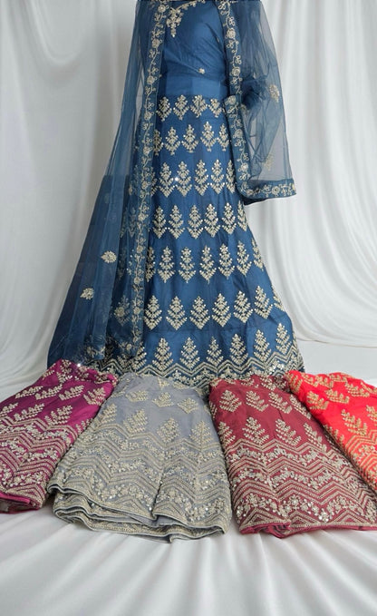 Midnight Blue Embroidered Mirrorwork Lehenga Set with Net Dupatta. Semi-stitched. - Citarr