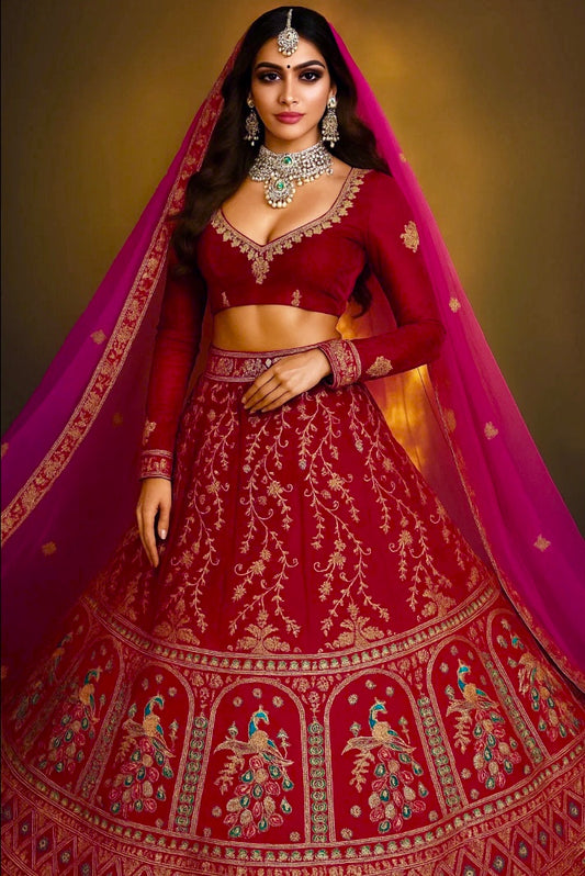 Royal Fuchsia & Red Bridal Lehenga Set with Hand Embroidery and Peacock Motifs Semi - Stitched.