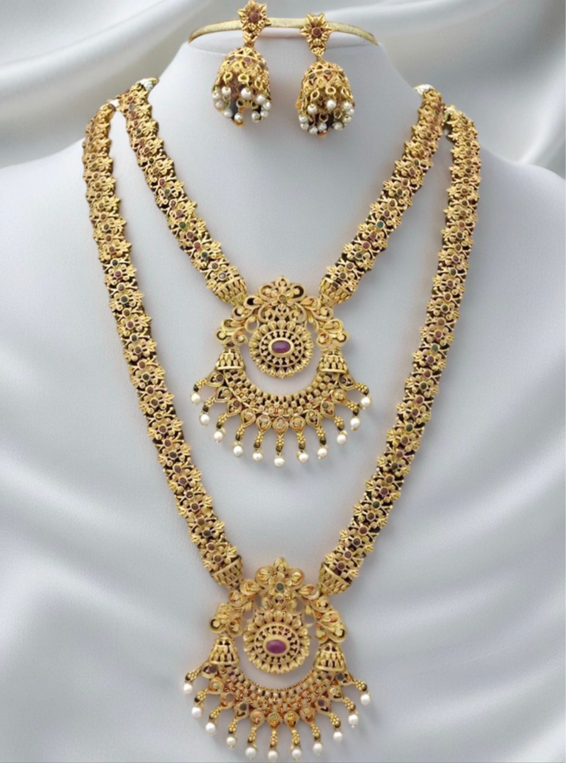 Gold Plated Pink & Green Pota Stone Necklace Set - Citarr