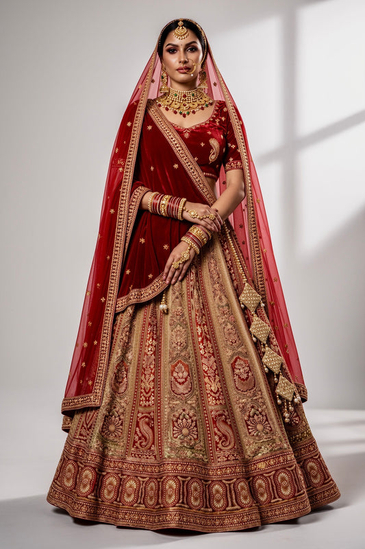 Royal Legacy – Heavily Embroidered Bridal Lehenga Set with Velvet & Net Dupattas