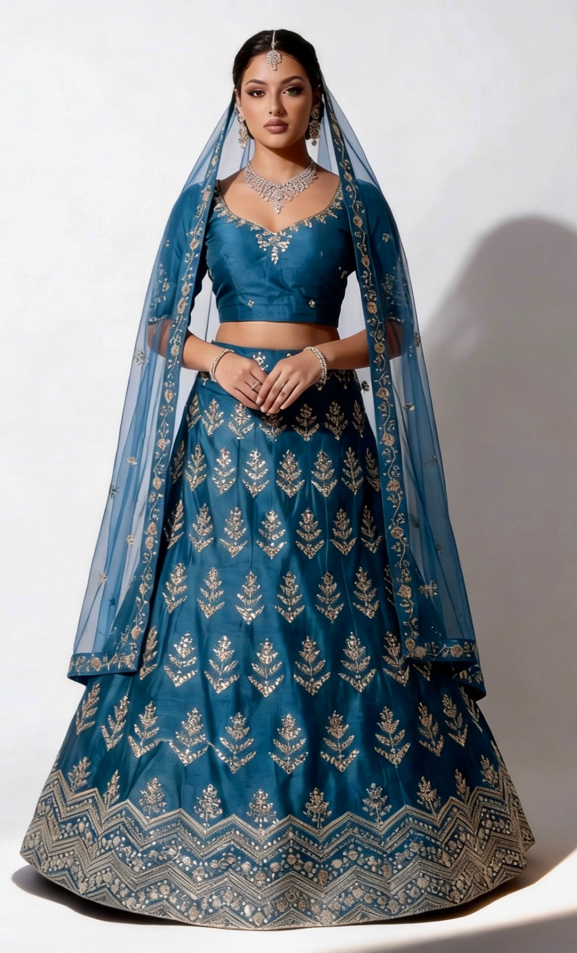Midnight Blue Embroidered Mirrorwork Lehenga Set with Net Dupatta. Semi-stitched.