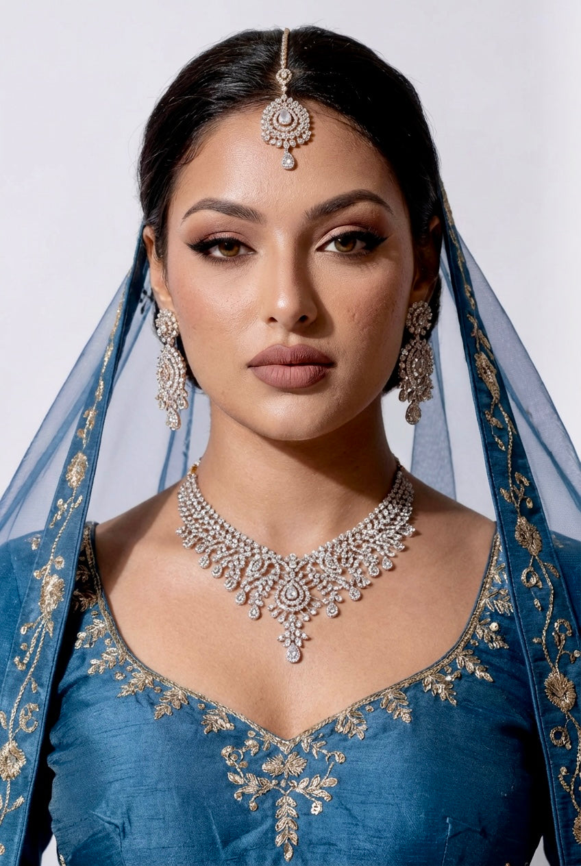 Midnight Blue Embroidered Mirrorwork Lehenga Set with Net Dupatta. Semi-stitched.