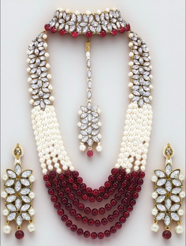 Luxury Etnico 18K Gold Plated Traditional 5 Layers Kundan & Pearl Beaded Moti Raani Haar Necklace Jewellery Set - Citarr