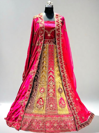 Pink Velvet Semi - Stitched Bridal Lehenga - Hand-Embroidered Gold Zari Wedding Outfit with Dual Dupattas