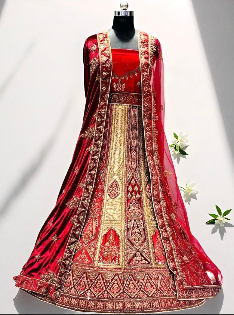 Bridal Red Belvet Lehenga Choli Set with Heavy Zari Embroidery - Indian Wedding Designer Outfit