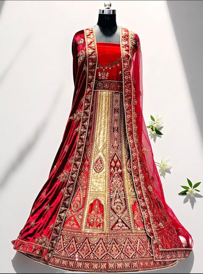 Bridal Red Belvet Lehenga Choli Set with Heavy Zari Embroidery - Indian Wedding Designer Outfit