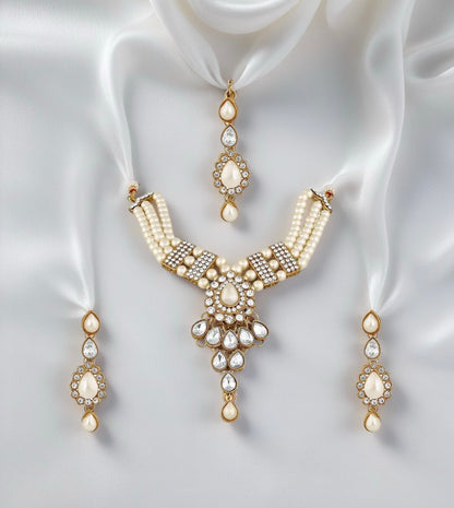 Ethnic Gold Plated White Kundan Necklace Earring & Maangtikka - Citarr