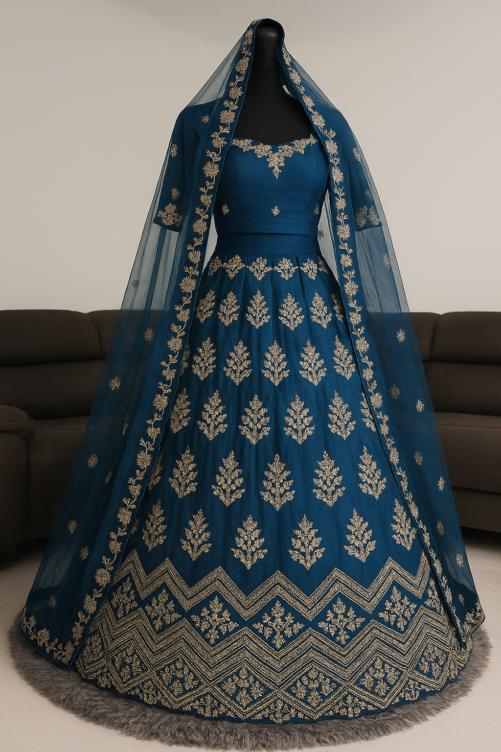 Midnight Blue Embroidered Mirrorwork Lehenga Set with Net Dupatta. Semi-stitched. - Citarr