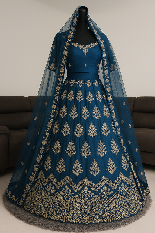 Midnight Blue Embroidered Mirrorwork Lehenga Set with Net Dupatta. Semi-stitched. - Citarr