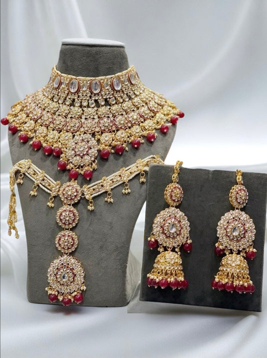 Luxury Gold Plated Kundan Stone And Beads Meenakari Bridal Set - Citarr