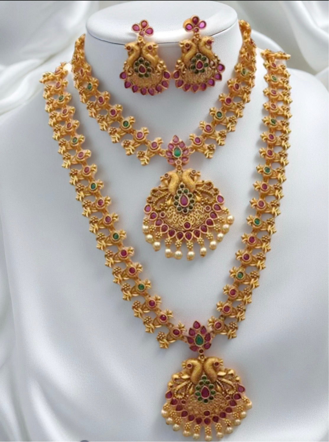 Gold Plated Pink & Green Pota Stone Peacock Necklace Set - Citarr