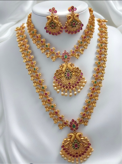 Gold Plated Pink & Green Pota Stone Peacock Necklace Set - Citarr
