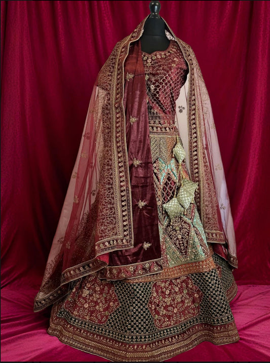 Royal Legacy: Intricately Hand-Embroidered Semi - Stitched Lehenga Set with Velvet Detailing. - Citarr