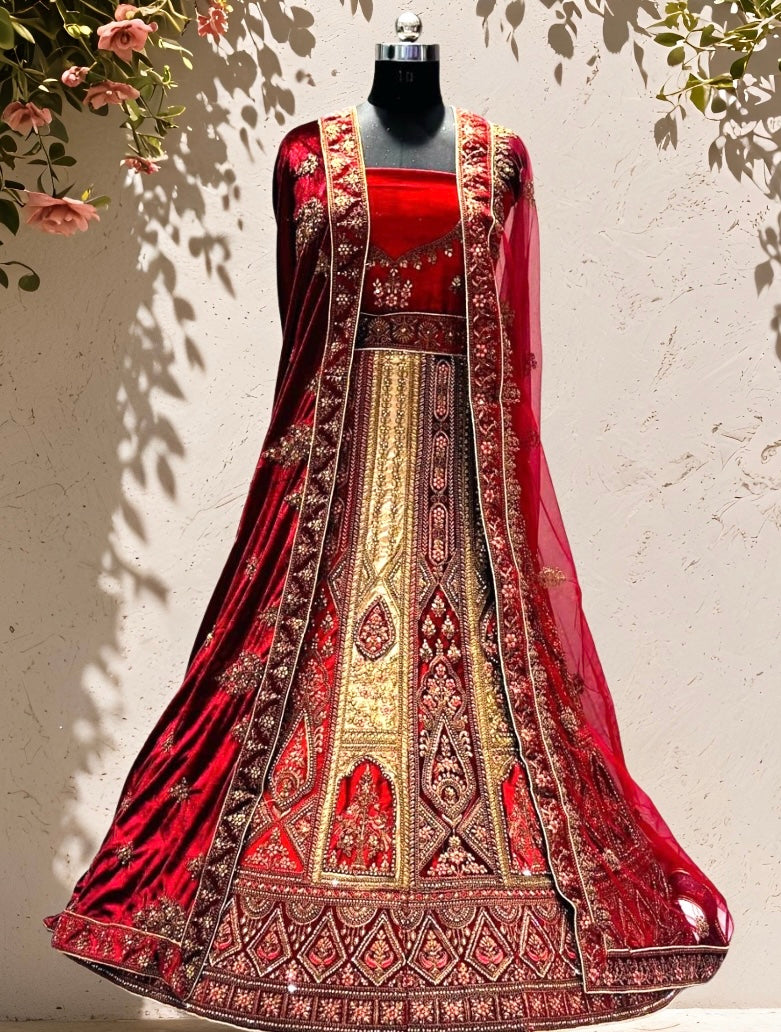 Bridal Red Belvet Lehenga Choli Set with Heavy Zari Embroidery - Indian Wedding Designer Outfit