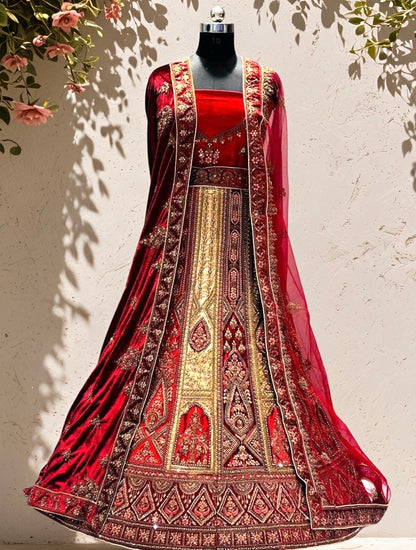 Bridal Red Belvet Lehenga Choli Set with Heavy Zari Embroidery - Indian Wedding Designer Outfit