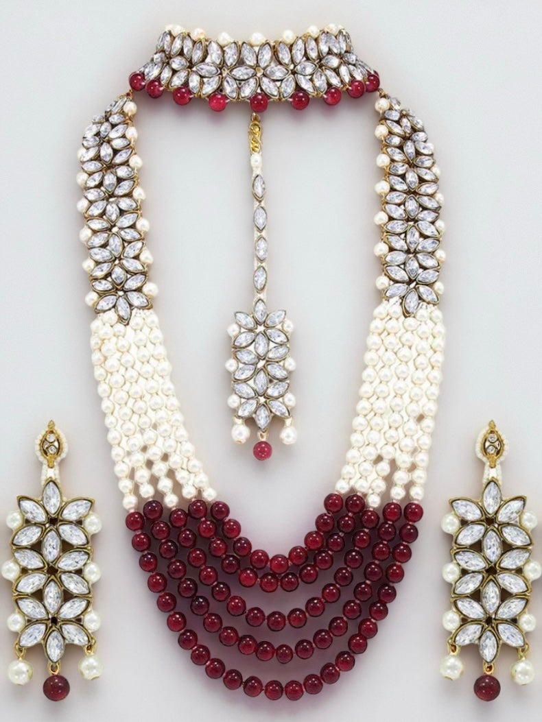 Luxury Etnico 18K Gold Plated Traditional 5 Layers Kundan & Pearl Beaded Moti Raani Haar Necklace Jewellery Set - Citarr